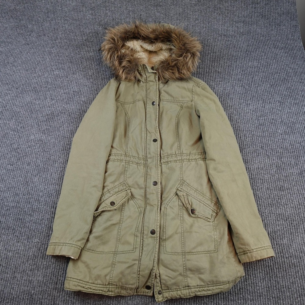 Hollister Parka Coat Womens Small Green Faux Fur Hooded Sherpa Lined Zip